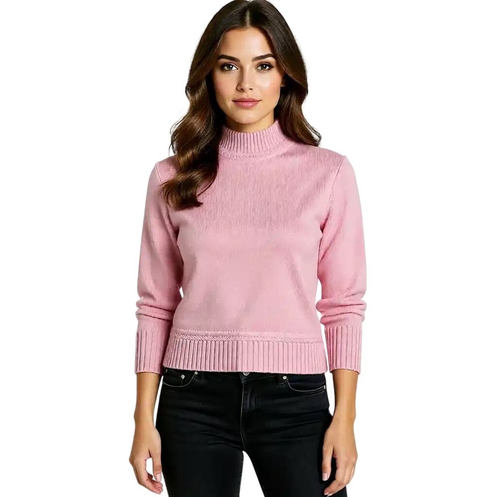 Tahari Women Pink Mock Neck Wool Blend Knit Sweater Wide Ribbed Cuff SM NWT